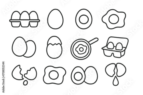 Egg food line icon collection. Vector set of breakfast and cooking symbols. Outline graphic contains fried egg, boiled, cracked, shell, carton, pan for web and app design.