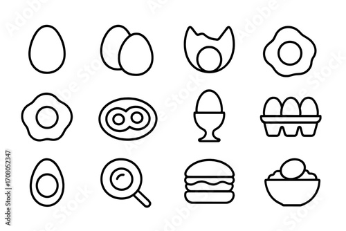 Egg food line icon set. Breakfast menu linear pictograms. Fried egg, boiled, cracked, omelette, yolk. Cooking meal concept. Minimal vector illustration for web, app, ui, ux.