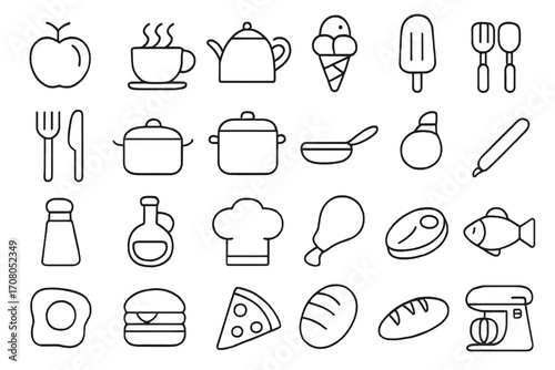 Food cooking & kitchen line icon set. Outline pictogram collection for restaurant menu, recipe book, web & app design. Includes fruit, meat, fish, pizza, fast food.