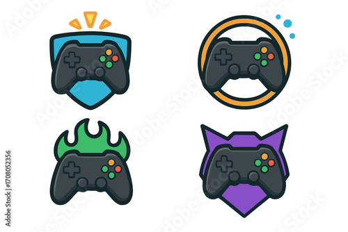 Gaming logo set with gamepad controller for esports team. Vector cartoon icon collection. Modern flat illustration of gamer joystick symbol. Gamepad emblem for clan badge or mascot.