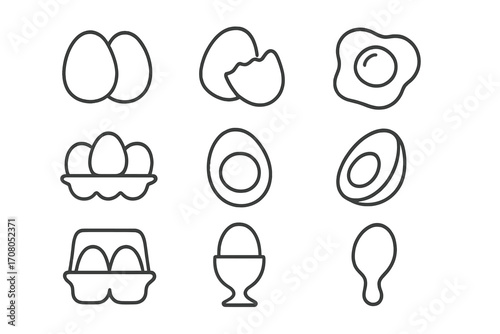 Egg line icon set. Food, breakfast, and cooking icons. Minimalist outline symbols of fried egg, boiled egg, egg carton, broken shell, and chicken. Vector illustration.