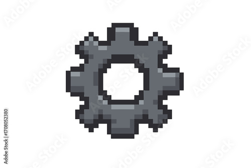 Gear icon in pixel art style. 8-bit cogwheel symbol for a video game interface. Vector illustration of a mechanical or settings button. Machine element for technology.