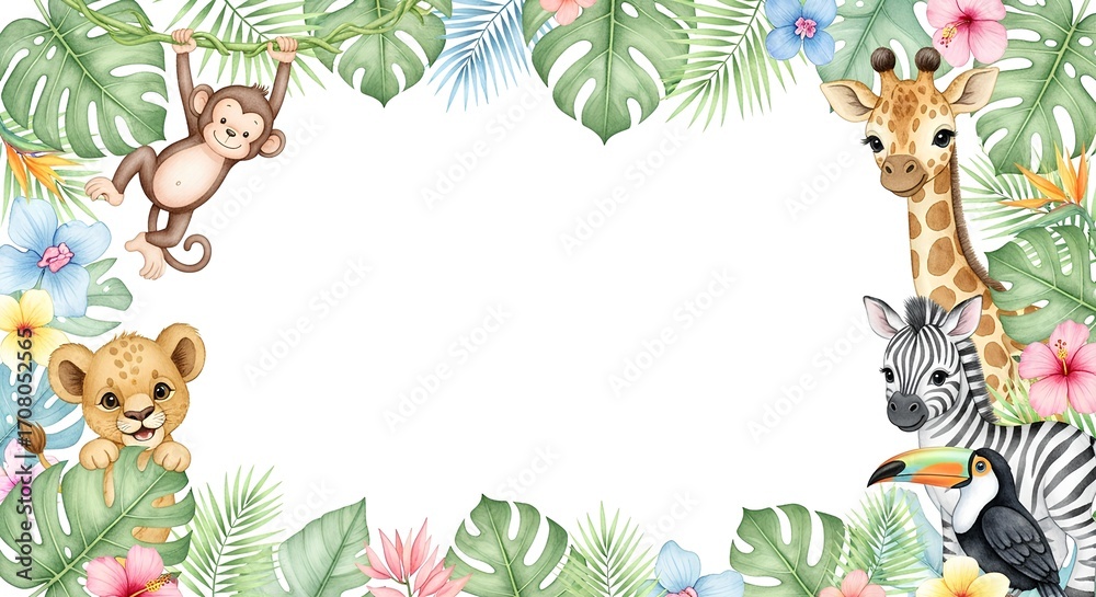 Naklejka premium Whimsical watercolor jungle animals and tropical leaves frame an open space, perfect for children's party invitations, baby showers, or a playful safari adventure concept