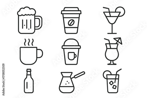 Drinks and beverages line icon set. Modern minimal outline icons collection for bar menu, cafe, app, and website. Vector graphic symbols of beer, coffee, tea, and cocktails.