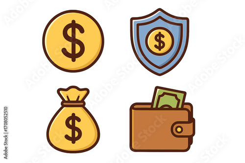 Financial security and insurance vector icon set. Money saving and investment concepts. Dollar coin, shield, money bag, and wallet with cash for web and app design.