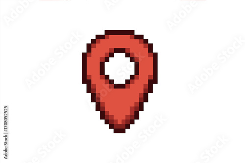 Location pin icon in pixel art style. Vector map marker for navigation and GPS. Red pointer for destination point. Retro 8-bit game style graphic element design set.