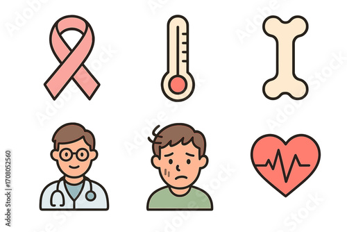 Medical and healthcare color outline icon set. Vector collection of symbols. Doctor, patient, illness, pink cancer ribbon, bone, thermometer, heart pulse cardiogram illustration.