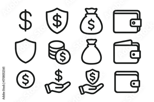 Line icon set for money savings and insurance concepts. Financial protection, banking, and investment vector symbols. Includes dollar, shield, wallet, and payment icons.