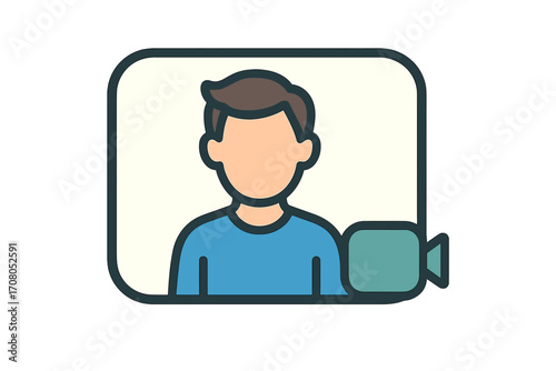 Video call icon. Online meeting concept. Remote work symbol. Virtual conference. Man on screen. Communication technology. Webinar graphic. E-learning sign. Teleconference avatar.