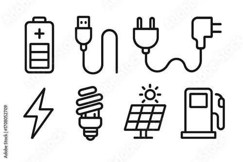 Energy and power sources line icon set. Vector symbols for electricity, charging, fuel. Includes battery, plug, USB cable, solar panel, light bulb, gas pump. Editable stroke.