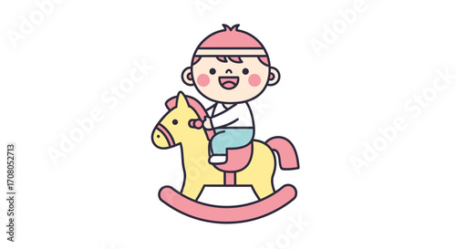 Cute cartoon boy happily riding a yellow rocking horse with pink base