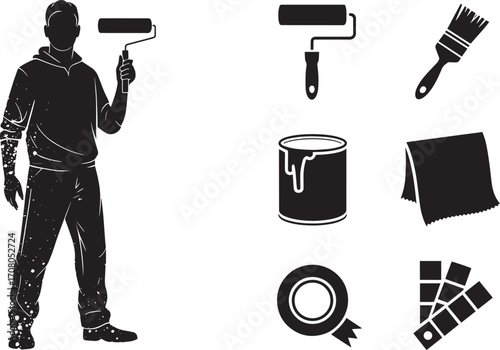 Painter Silhouette with Roller, Brush, Paint Can, and Color Swatches Vector Graphic