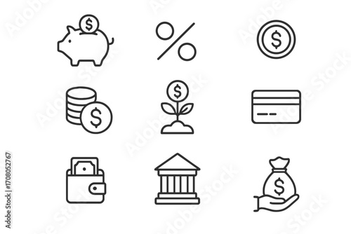 Finance line icon set. Money, banking, investment outline symbols. Business economy pictogram collection. Editable stroke vector for web, apps. Piggy bank, percent, wallet.