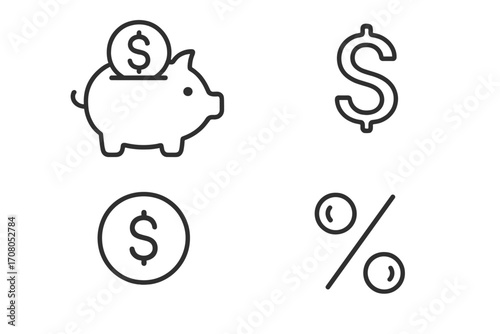 Finance and savings line icon set. Piggy bank, dollar coin, money symbol, percent sign. Concept for banking, investment, economy, budget, and interest rate. Editable stroke.