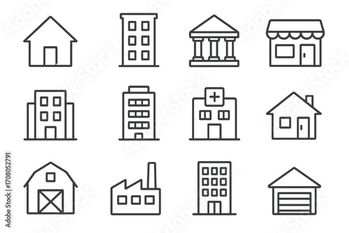 Building line icon set. House, bank, hospital, factory. Real estate and construction simple outline icons. Home, office, shop and apartment vector symbols for web, apps.