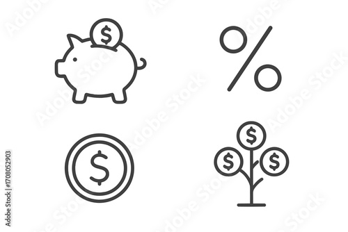 Finance and money thin line icon set. Piggy bank for savings, percent sign for interest rate, coin for currency, and money tree for investment growth. Financial concept vector.