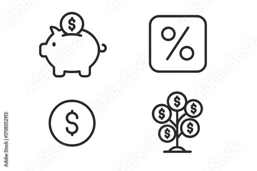 Money and finance editable stroke line icon set. Piggy bank for savings, investment growth with money tree, financial interest rate percent symbol, and dollar currency coin vector.