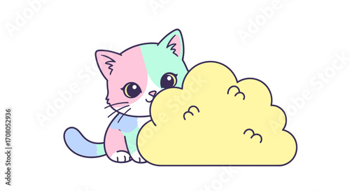 Cute pastel colored kitten peeking from behind a fluffy yellow cloud