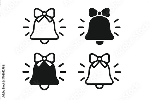 Reminder bell icons set with bow, linear and silhouette style, ringing notification symbol, cute alert vector illustration with transparent background, ordered design