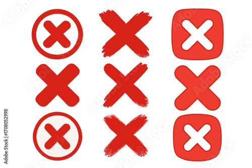 Red cross mark icons set in various styles including circle frames, brush strokes, rounded shapes, and cartoon vector illustration with transparent background, ordered set