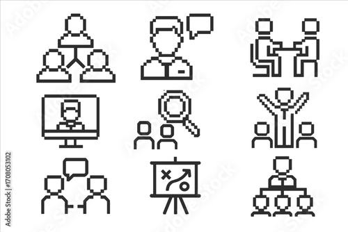 Pixel style outline business icons set including teamwork, communication, meeting, online conference, recruitment, leadership, negotiation, strategy, collaboration, and management concepts