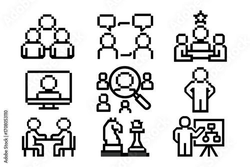 Pixel style business icons set including teamwork, communication, meeting, online conference, recruitment, leadership, negotiation, and strategy concepts in outline design