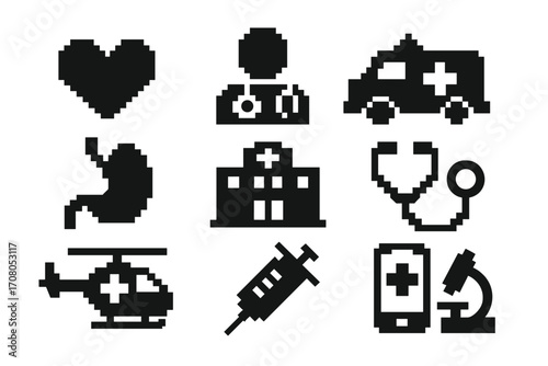 Pixel style medical silhouette icons set including heart, doctor with stethoscope, ambulance, hospital building, stomach, medical helicopter, syringe, mobile health app, microscope vector graphics