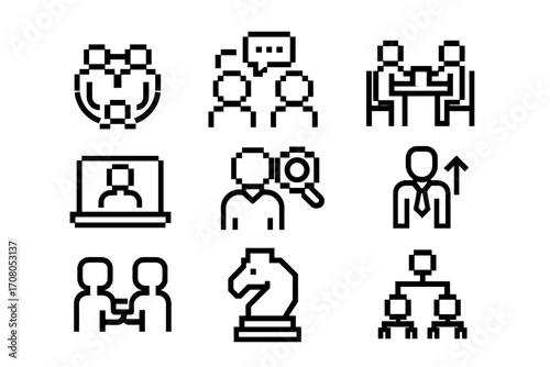 Pixel style outline business icons set including teamwork, communication, meeting, online conference, recruitment, leadership, negotiation, strategy, collaboration, and organization