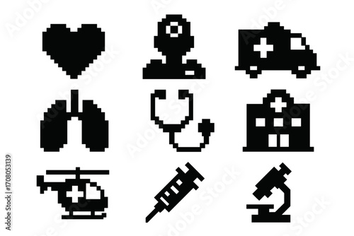Pixel style medical icons set with heart, doctor silhouette, ambulance, hospital building, lungs, stethoscope, medical helicopter, syringe, microscope, and healthcare symbols vector