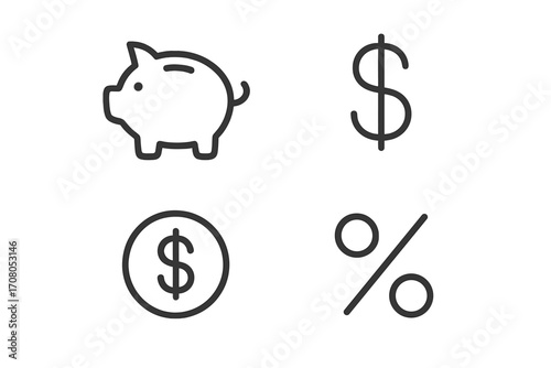 Simple linear icon set of piggy bank, dollar sign, coin with dollar symbol, and percentage sign. Editable stroke minimalist vector pictogram for financial and business design, apps, banners, and posts