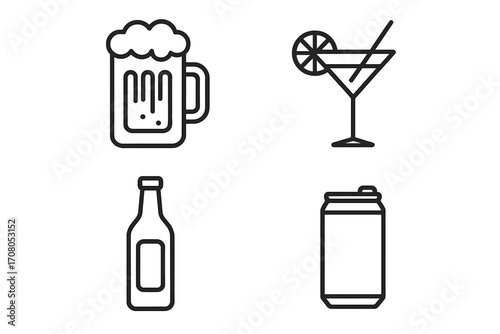 Simple linear illustration of alcoholic and soft drinks including beer mug, cocktail glass with lemon and straw, bottle, and can icons for design use in cards, posts, apps, and websites, vector