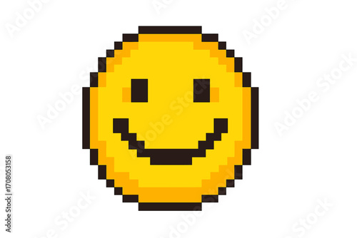 Pixel style smiley face emoji icon, cartoon vector sticker illustration with transparent background, pixel art emoticon, joyful digital expression, retro digital smile icon