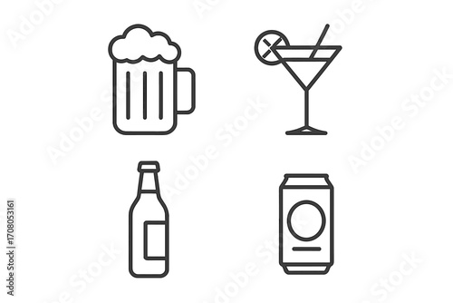 Simple linear illustration of alcoholic and soft drinks icons including beer mug with foam, cocktail glass with lemon slice, beer bottle, and soda can for cards, posts, apps, websites, vector design