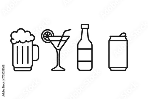 Simple linear vector illustration of alcoholic drinks and soft drinks with beer mug, cocktail glass, bottle, and soda can icons for design of cards, posts, apps, websites