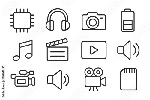 Modern sound and video line icon collection for design, websites, apps, cards, with linear vector images of chip, headphones, camera, memory card, audio media, video recording, play button, speaker