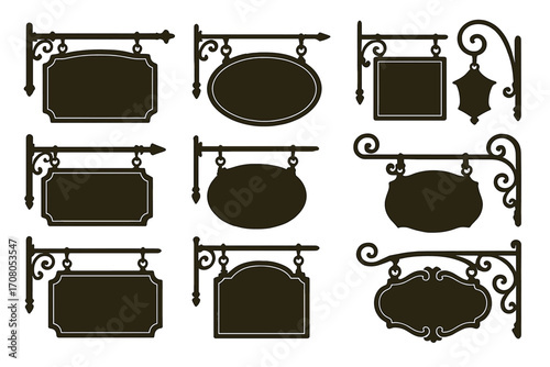 Vintage signboard silhouette set, vector cartoon illustration with transparent background, classic hanging shop signs collection, ornate decorative street signage design, retro advertising panels