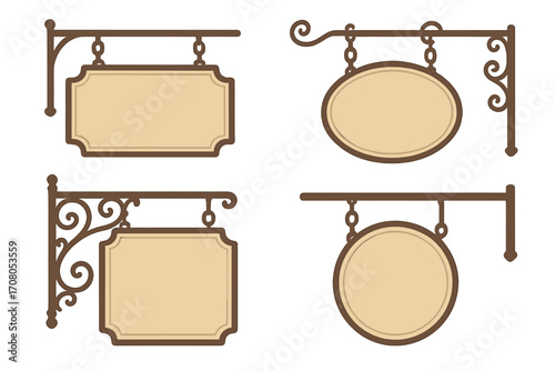 Vintage signboard set with decorative iron brackets, flat style vector cartoon illustration, blank retro hanging shop signs, classic hanging plaques collection, decorative empty boards