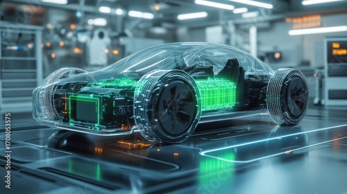 Electric Car with Transparent Body Showing Internal Components and Technology