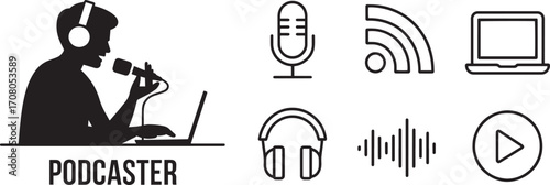 Podcaster Silhouette with Microphone and Equipment on Transparent Background Design
