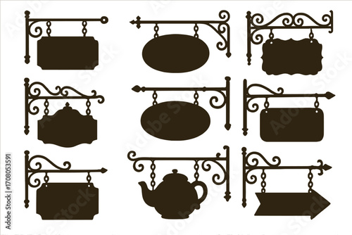 Vintage silhouette signboard set with ornate iron brackets, hanging street signs collection in vector cartoon style, classic shop and cafe signage, transparent background