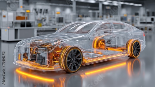 Electric Car Transparent Body Showing Internal Components in Automotive Factory