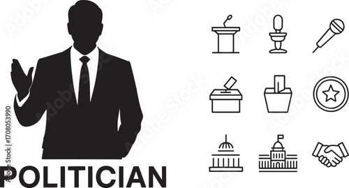 Politician Silhouette with Podium, Microphone, Ballot Box, and Handshake Icons Vector