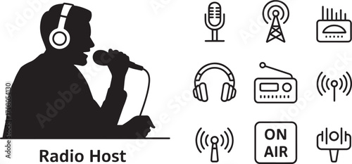 Radio Host Silhouette with Broadcasting Icons Set on Transparent Background Vector Design