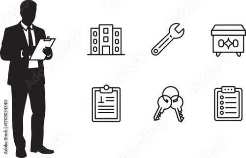 Real Estate Agent Silhouette with Property and Maintenance Icons on Transparent Scene