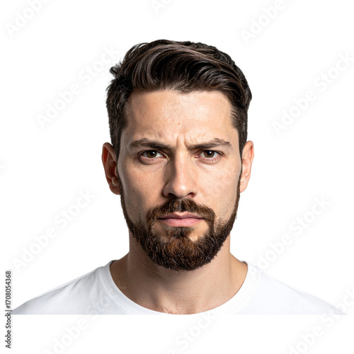 Intense Close-Up of Bearded Man Frowning at Camera