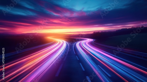 Futuristic Highway at Sunset with Light Trails and Vibrant Colors Long Exposure