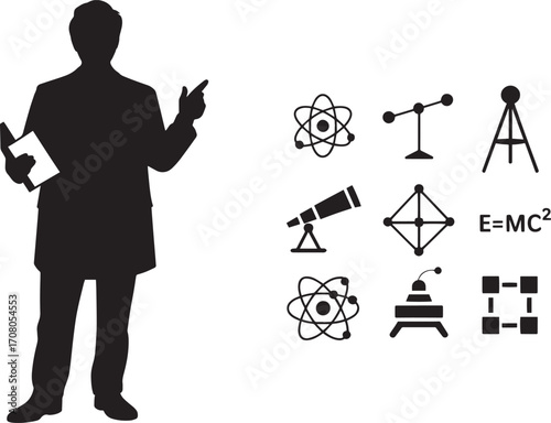 Scientist Silhouette with Science Icons for Research and Scientific Exploration