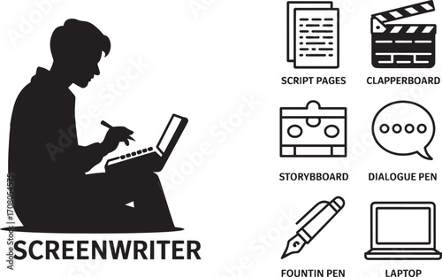Screenwriter Silhouette with Scriptwriting Icons Representing Creative Writing and Storytelling