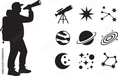 Silhouette Astronomer Observing Night Sky with Telescope and Celestial Objects Vector Art