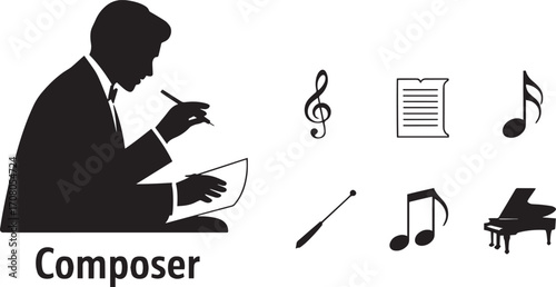 Silhouette of a Composer with Musical Notes and Piano on Transparent Background Vector